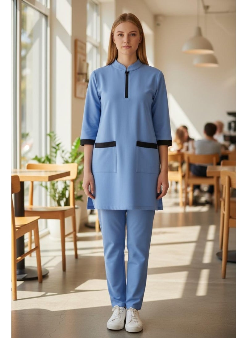 Dee's Fashion Women's Housemaid Uniform Set with Tunic Top and Matching Trousers, Quarter Sleeve, Mandarin Collar with Half Zip, Contrast Trim Pockets - Image 1
